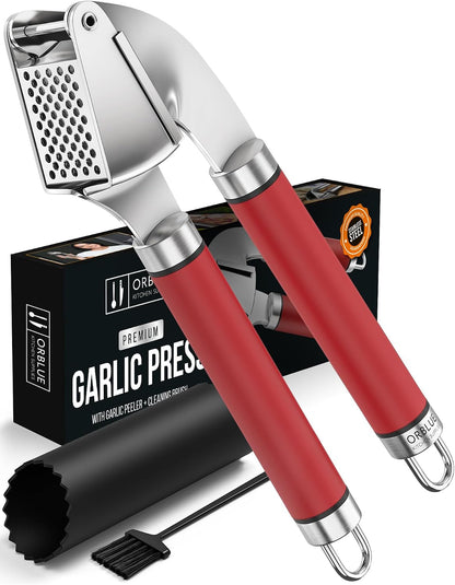 Garlic Press Stainless Steel - Premium Professional Grade Garlic Mincer, Crusher & Peeler Set - Easy Clean, Dishwasher Safe & Rust-proof