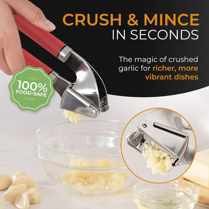 Garlic Press Stainless Steel - Premium Professional Grade Garlic Mincer, Crusher & Peeler Set - Easy Clean, Dishwasher Safe & Rust-proof