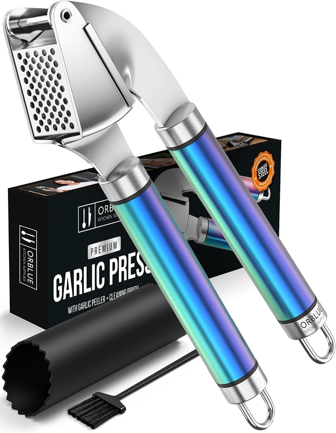 Garlic Press Stainless Steel - Premium Professional Grade Garlic Mincer, Crusher & Peeler Set - Easy Clean, Dishwasher Safe & Rust-proof
