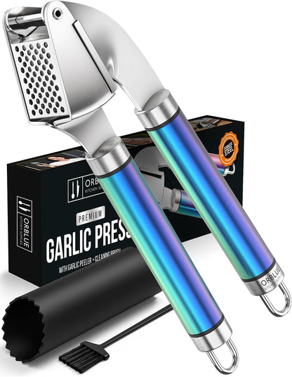 Garlic Press Stainless Steel - Premium Professional Grade Garlic Mincer, Crusher & Peeler Set - Easy Clean, Dishwasher Safe & Rust-proof