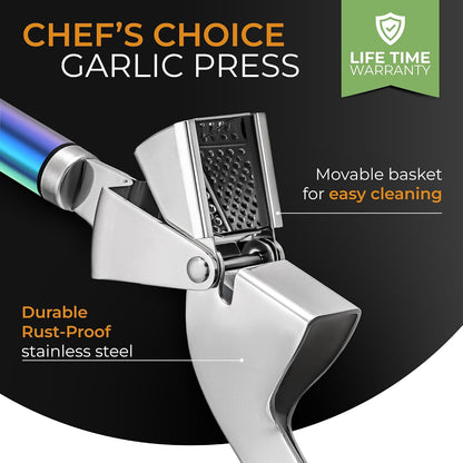 Garlic Press Stainless Steel - Premium Professional Grade Garlic Mincer, Crusher & Peeler Set - Easy Clean, Dishwasher Safe & Rust-proof
