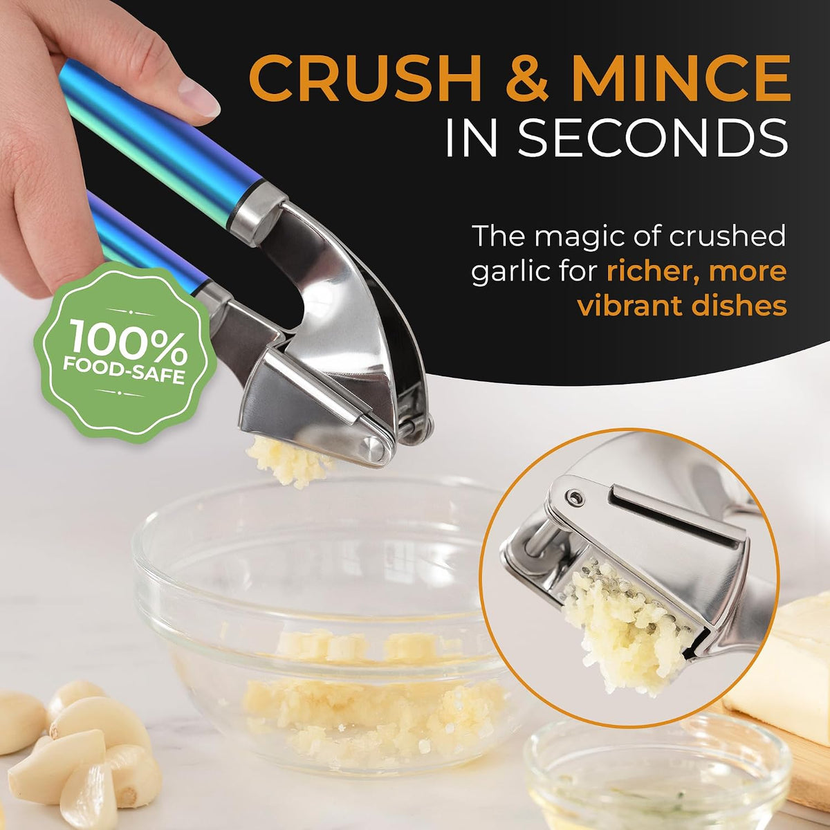 Garlic Press Stainless Steel - Premium Professional Grade Garlic Mincer, Crusher & Peeler Set - Easy Clean, Dishwasher Safe & Rust-proof