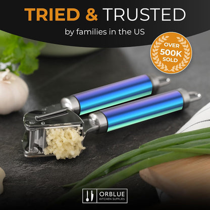 Garlic Press Stainless Steel - Premium Professional Grade Garlic Mincer, Crusher & Peeler Set - Easy Clean, Dishwasher Safe & Rust-proof