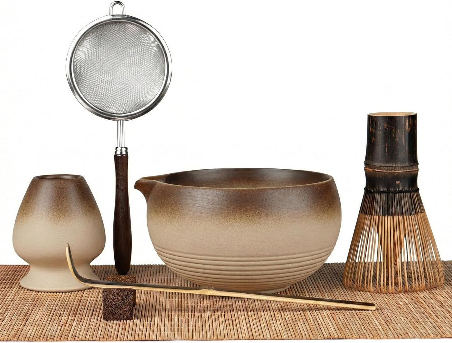 7-Piece Matcha Set，Matcha Bowl & 100-Prong Purple Bamboo Whisk | Gilded Artisan Finish, Bamboo Tea Mat Included, Creates Silky Creamy Foam, Japanese Tea Ceremony, Gift for Matcha Lovers