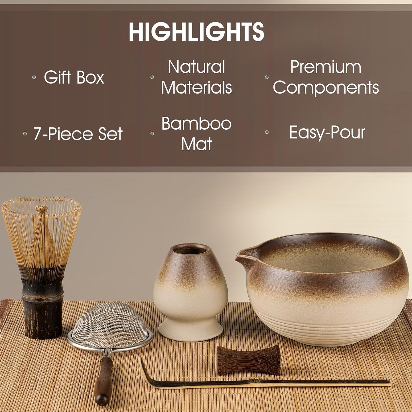 7-Piece Matcha Set，Matcha Bowl & 100-Prong Purple Bamboo Whisk | Gilded Artisan Finish, Bamboo Tea Mat Included, Creates Silky Creamy Foam, Japanese Tea Ceremony, Gift for Matcha Lovers