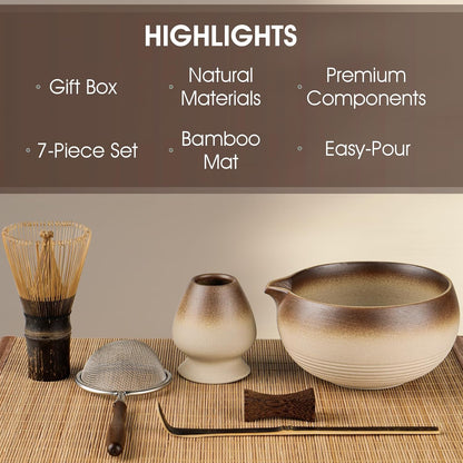 7-Piece Matcha Set，Matcha Bowl & 100-Prong Purple Bamboo Whisk | Gilded Artisan Finish, Bamboo Tea Mat Included, Creates Silky Creamy Foam, Japanese Tea Ceremony, Gift for Matcha Lovers