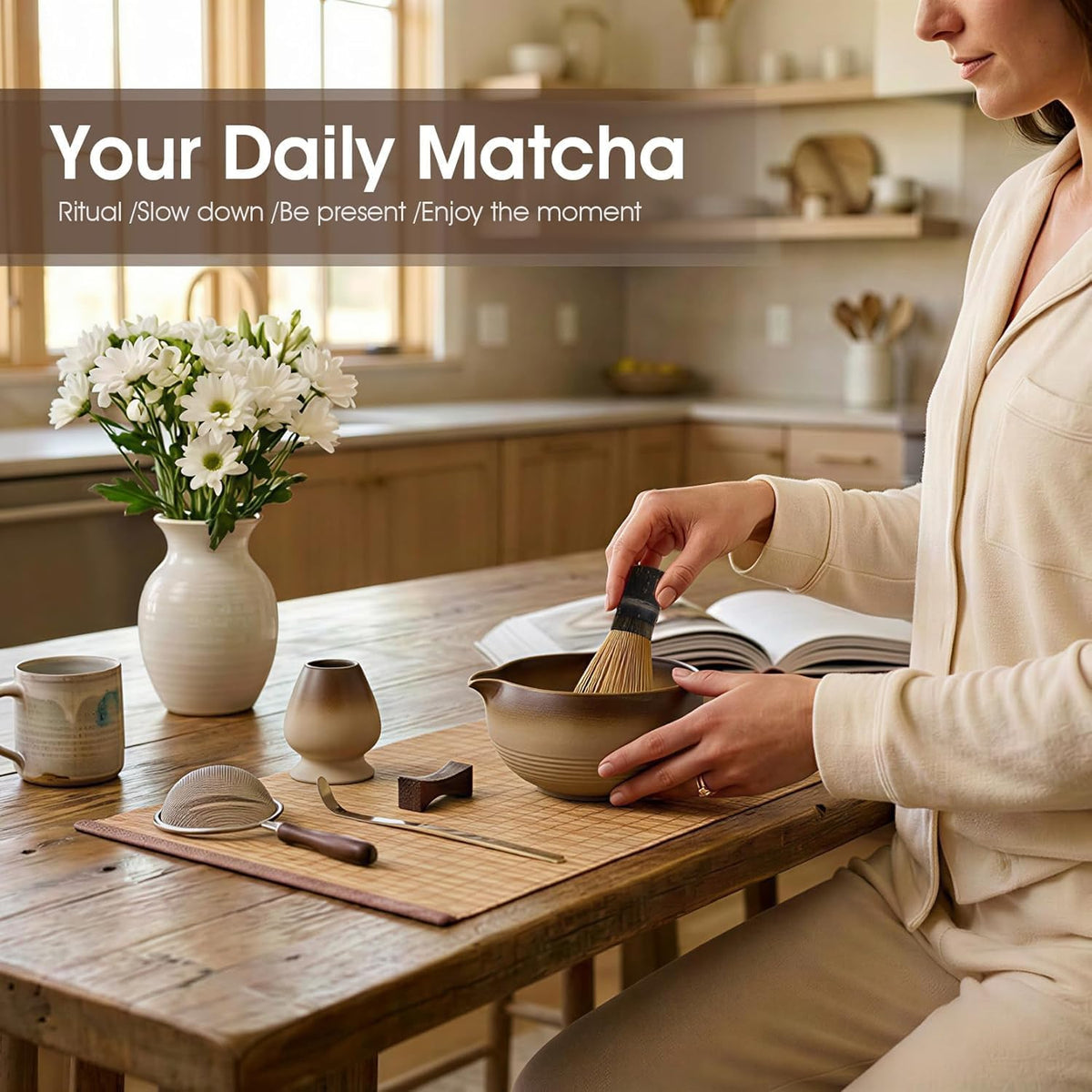 7-Piece Matcha Set，Matcha Bowl & 100-Prong Purple Bamboo Whisk | Gilded Artisan Finish, Bamboo Tea Mat Included, Creates Silky Creamy Foam, Japanese Tea Ceremony, Gift for Matcha Lovers