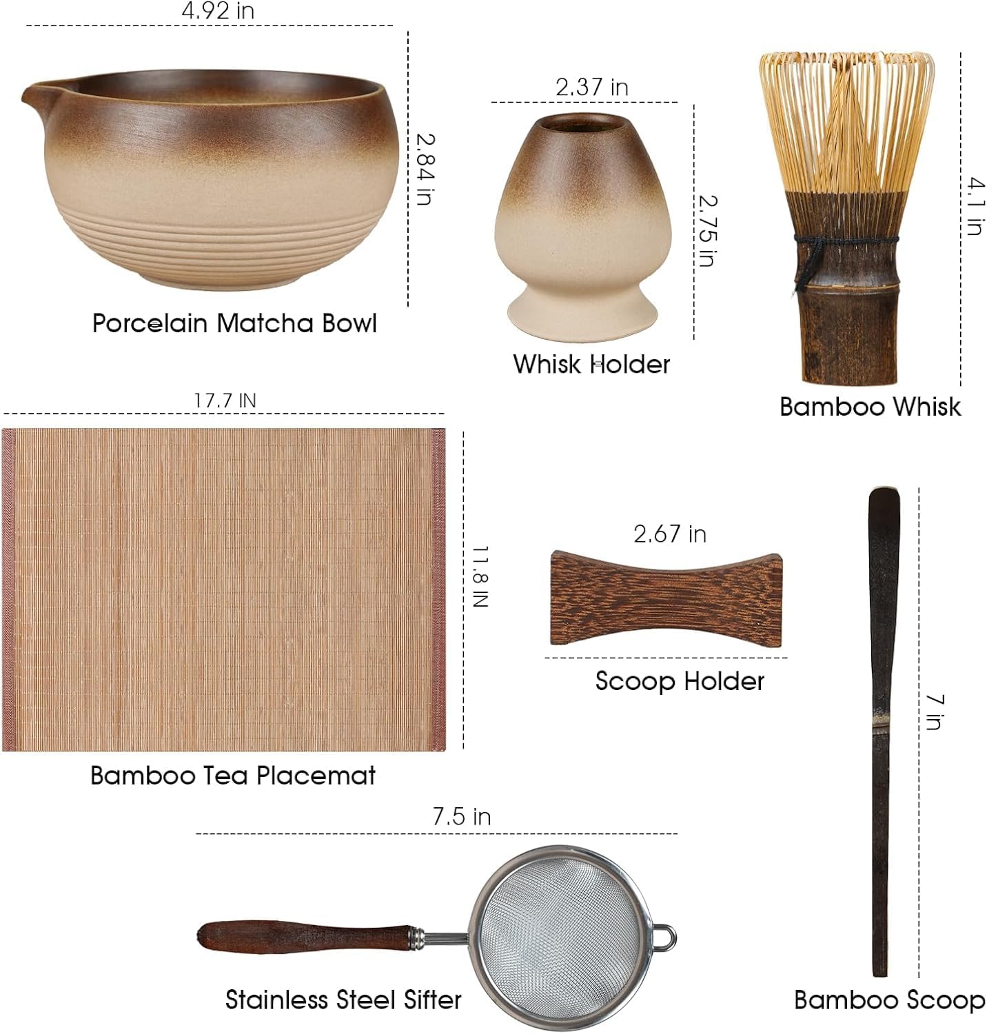 7-Piece Matcha Set，Matcha Bowl & 100-Prong Purple Bamboo Whisk | Gilded Artisan Finish, Bamboo Tea Mat Included, Creates Silky Creamy Foam, Japanese Tea Ceremony, Gift for Matcha Lovers