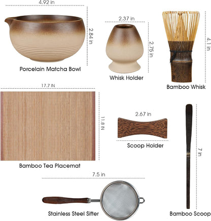 7-Piece Matcha Set，Matcha Bowl & 100-Prong Purple Bamboo Whisk | Gilded Artisan Finish, Bamboo Tea Mat Included, Creates Silky Creamy Foam, Japanese Tea Ceremony, Gift for Matcha Lovers