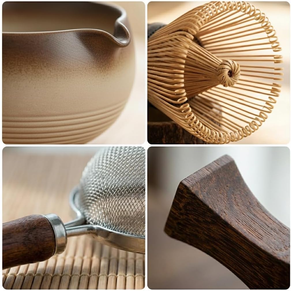 7-Piece Matcha Set，Matcha Bowl & 100-Prong Purple Bamboo Whisk | Gilded Artisan Finish, Bamboo Tea Mat Included, Creates Silky Creamy Foam, Japanese Tea Ceremony, Gift for Matcha Lovers