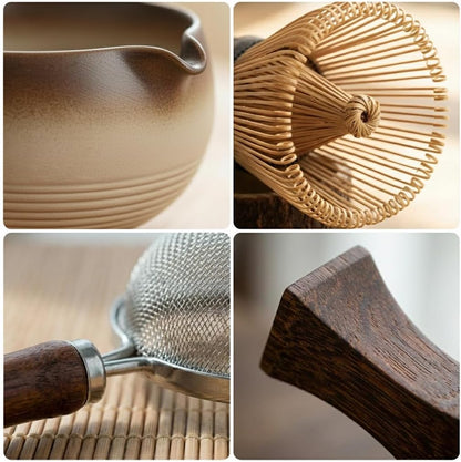 7-Piece Matcha Set，Matcha Bowl & 100-Prong Purple Bamboo Whisk | Gilded Artisan Finish, Bamboo Tea Mat Included, Creates Silky Creamy Foam, Japanese Tea Ceremony, Gift for Matcha Lovers