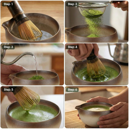 7-Piece Matcha Set，Matcha Bowl & 100-Prong Purple Bamboo Whisk | Gilded Artisan Finish, Bamboo Tea Mat Included, Creates Silky Creamy Foam, Japanese Tea Ceremony, Gift for Matcha Lovers