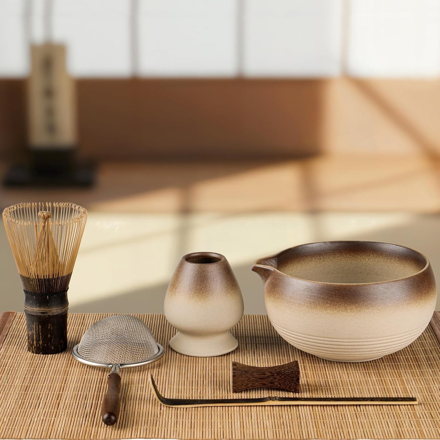 7-Piece Matcha Set，Matcha Bowl & 100-Prong Purple Bamboo Whisk | Gilded Artisan Finish, Bamboo Tea Mat Included, Creates Silky Creamy Foam, Japanese Tea Ceremony, Gift for Matcha Lovers
