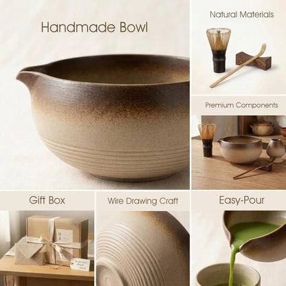 7-Piece Matcha Set，Matcha Bowl & 100-Prong Purple Bamboo Whisk | Gilded Artisan Finish, Bamboo Tea Mat Included, Creates Silky Creamy Foam, Japanese Tea Ceremony, Gift for Matcha Lovers