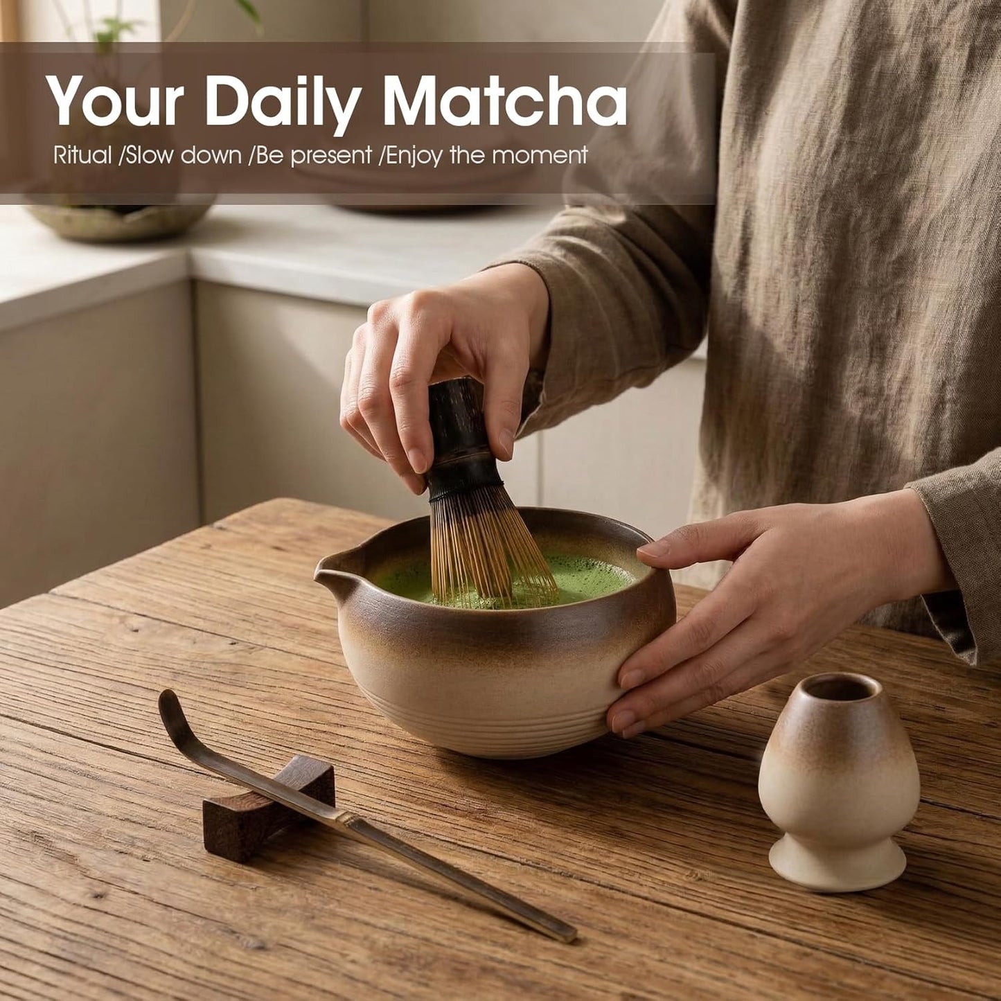 7-Piece Matcha Set，Matcha Bowl & 100-Prong Purple Bamboo Whisk | Gilded Artisan Finish, Bamboo Tea Mat Included, Creates Silky Creamy Foam, Japanese Tea Ceremony, Gift for Matcha Lovers