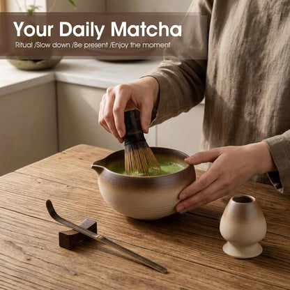 7-Piece Matcha Set，Matcha Bowl & 100-Prong Purple Bamboo Whisk | Gilded Artisan Finish, Bamboo Tea Mat Included, Creates Silky Creamy Foam, Japanese Tea Ceremony, Gift for Matcha Lovers