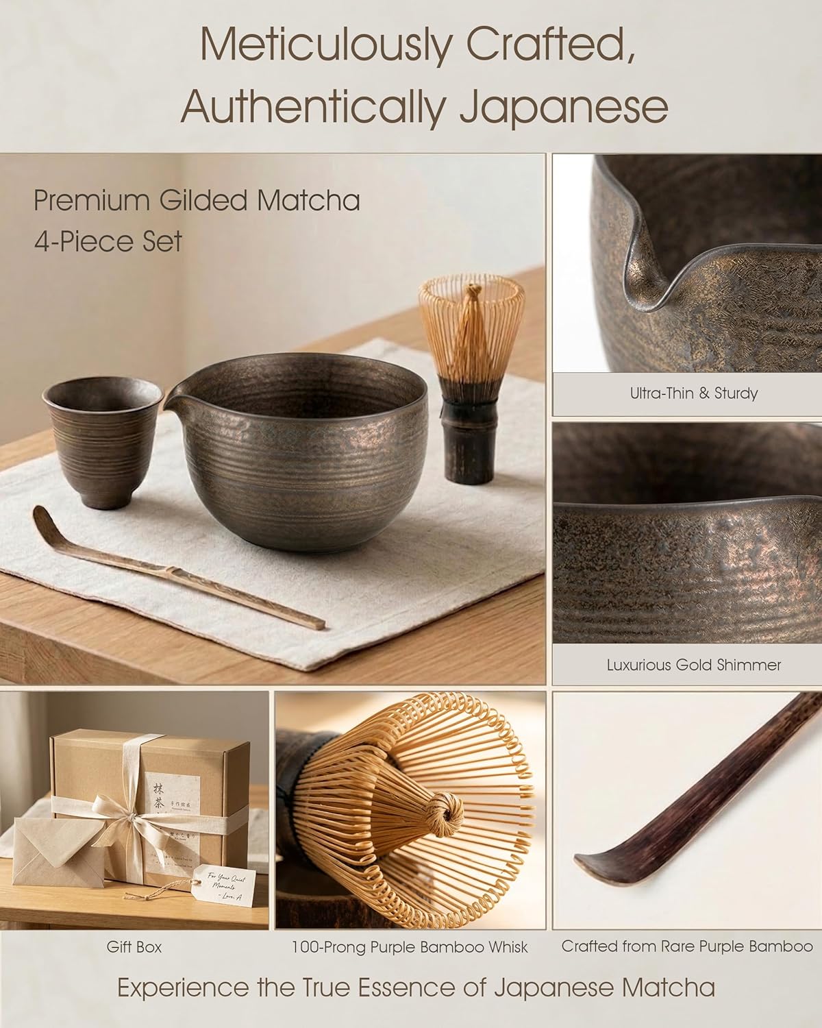 7-Piece Matcha Set，Matcha Bowl & 100-Prong Purple Bamboo Whisk | Gilded Artisan Finish, Bamboo Tea Mat Included, Creates Silky Creamy Foam, Japanese Tea Ceremony, Gift for Matcha Lovers