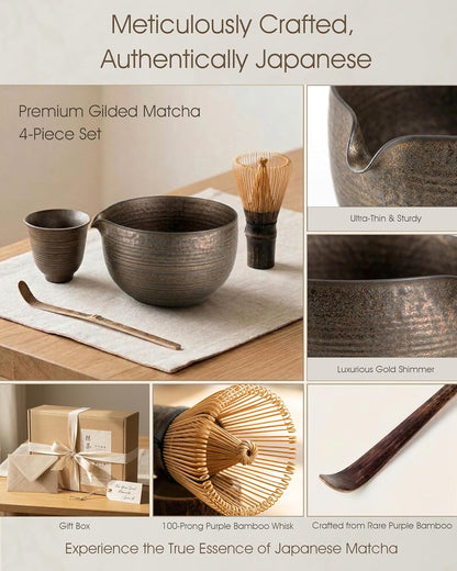 7-Piece Matcha Set，Matcha Bowl & 100-Prong Purple Bamboo Whisk | Gilded Artisan Finish, Bamboo Tea Mat Included, Creates Silky Creamy Foam, Japanese Tea Ceremony, Gift for Matcha Lovers