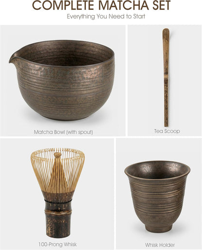 7-Piece Matcha Set，Matcha Bowl & 100-Prong Purple Bamboo Whisk | Gilded Artisan Finish, Bamboo Tea Mat Included, Creates Silky Creamy Foam, Japanese Tea Ceremony, Gift for Matcha Lovers