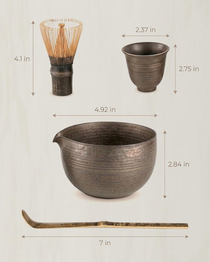 7-Piece Matcha Set，Matcha Bowl & 100-Prong Purple Bamboo Whisk | Gilded Artisan Finish, Bamboo Tea Mat Included, Creates Silky Creamy Foam, Japanese Tea Ceremony, Gift for Matcha Lovers