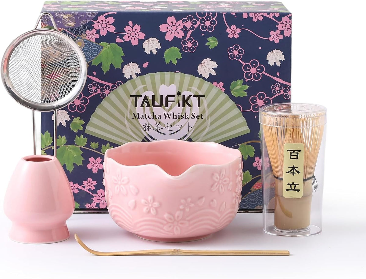 Matcha Whisk Set, Ceramic Matcha Set, Matcha Kit Set Includes Matcha Bowl, Matcha Whisk and Holder, Bamboo Scoop and Sifter, Matcha Tea Set, Ideal Gift for Family/Friend (Pink)