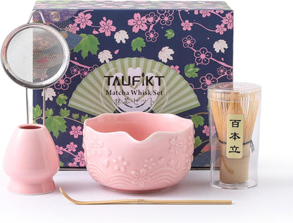 Matcha Whisk Set, Ceramic Matcha Set, Matcha Kit Set Includes Matcha Bowl, Matcha Whisk and Holder, Bamboo Scoop and Sifter, Matcha Tea Set, Ideal Gift for Family/Friend (Pink)