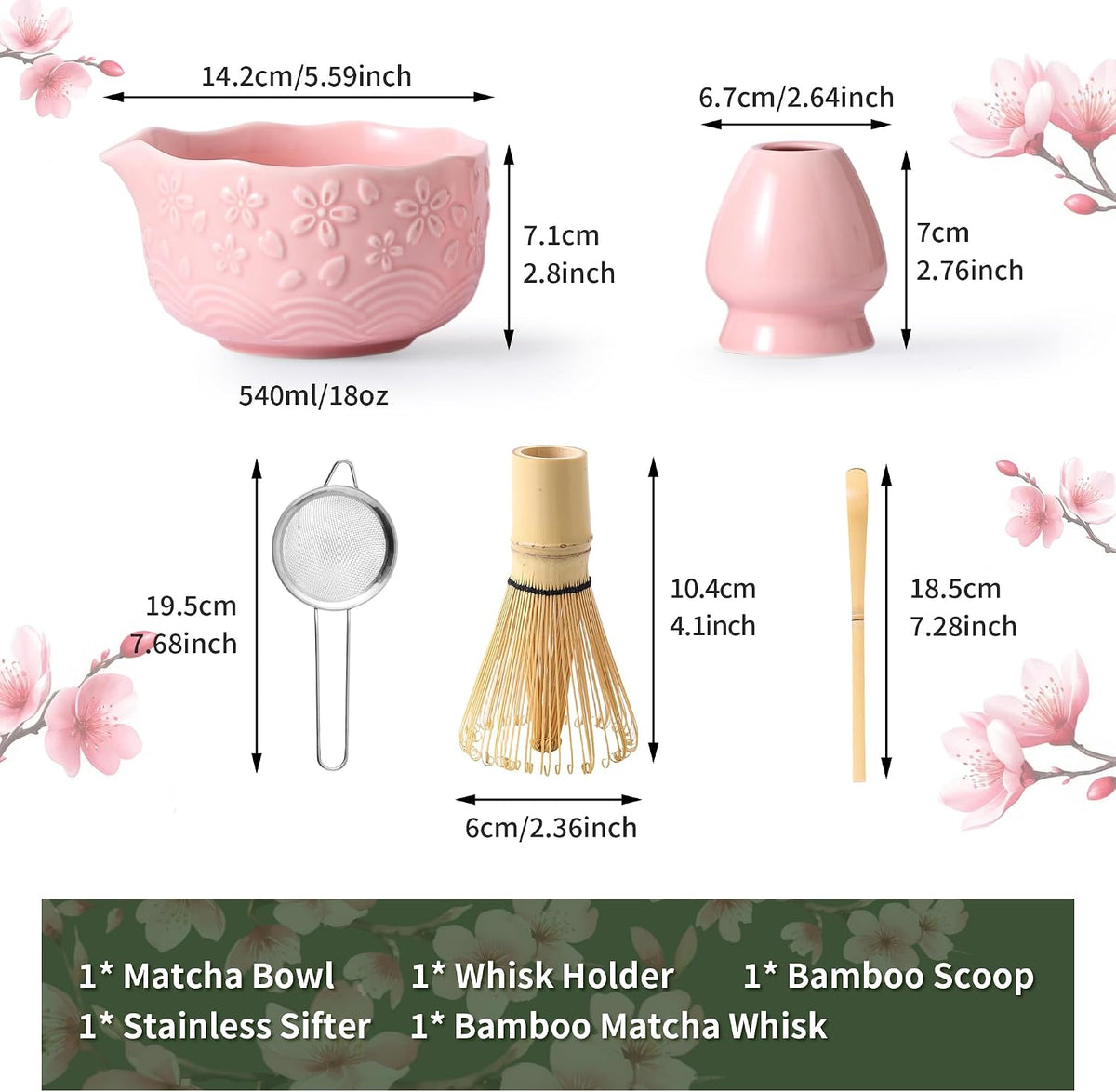 Matcha Whisk Set, Ceramic Matcha Set, Matcha Kit Set Includes Matcha Bowl, Matcha Whisk and Holder, Bamboo Scoop and Sifter, Matcha Tea Set, Ideal Gift for Family/Friend (Pink)
