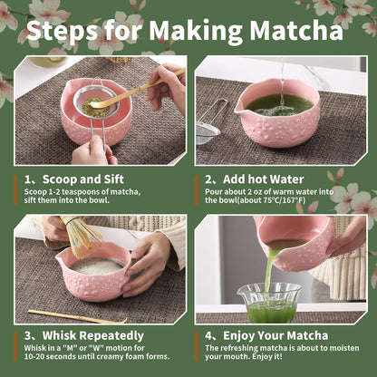 Matcha Whisk Set, Ceramic Matcha Set, Matcha Kit Set Includes Matcha Bowl, Matcha Whisk and Holder, Bamboo Scoop and Sifter, Matcha Tea Set, Ideal Gift for Family/Friend (Pink)