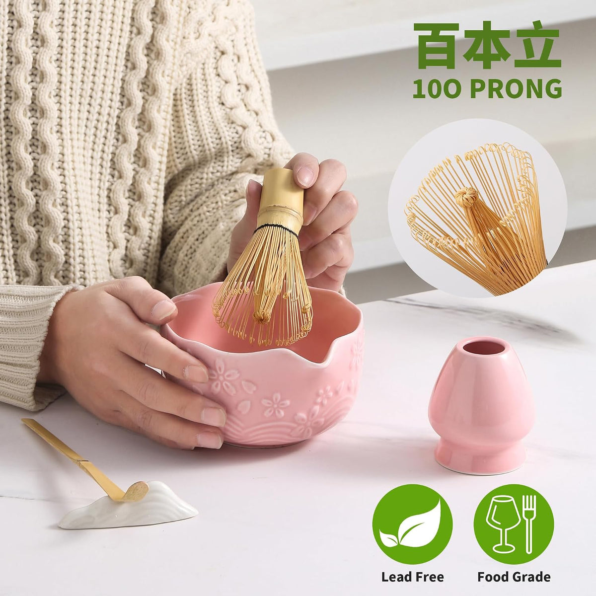 Matcha Whisk Set, Ceramic Matcha Set, Matcha Kit Set Includes Matcha Bowl, Matcha Whisk and Holder, Bamboo Scoop and Sifter, Matcha Tea Set, Ideal Gift for Family/Friend (Pink)