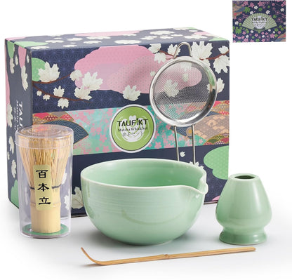 Matcha Whisk Set, Ceramic Matcha Set, Matcha Kit Set Includes Matcha Bowl, Matcha Whisk and Holder, Bamboo Scoop and Sifter, Matcha Tea Set, Ideal Gift for Family/Friend (Pink)