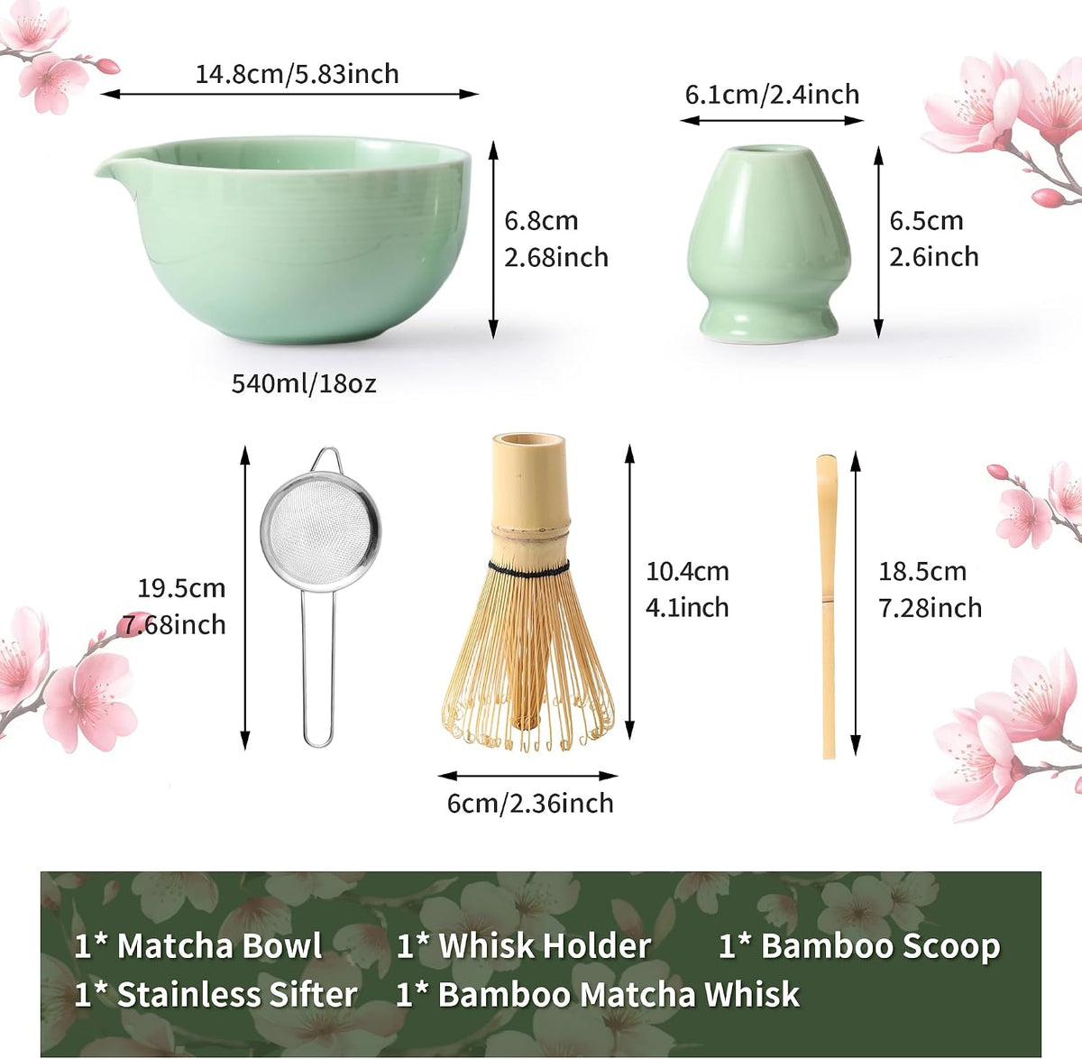 Matcha Whisk Set, Ceramic Matcha Set, Matcha Kit Set Includes Matcha Bowl, Matcha Whisk and Holder, Bamboo Scoop and Sifter, Matcha Tea Set, Ideal Gift for Family/Friend (Pink)