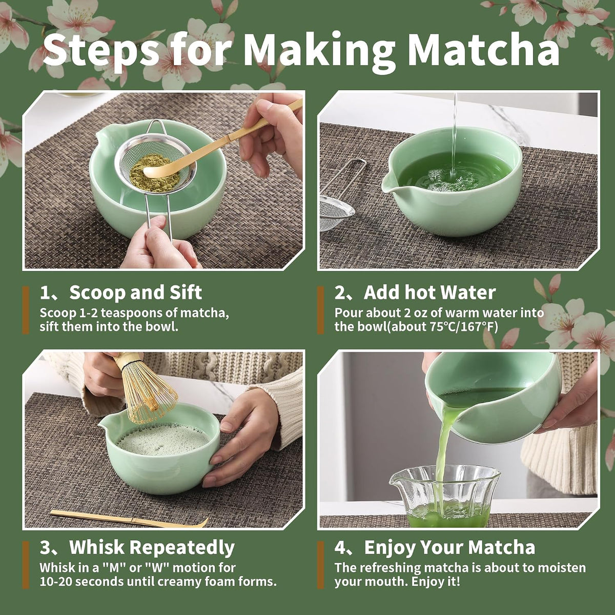 Matcha Whisk Set, Ceramic Matcha Set, Matcha Kit Set Includes Matcha Bowl, Matcha Whisk and Holder, Bamboo Scoop and Sifter, Matcha Tea Set, Ideal Gift for Family/Friend (Pink)