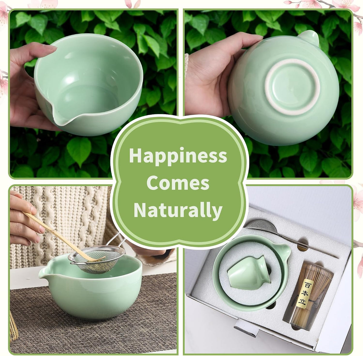 Matcha Whisk Set, Ceramic Matcha Set, Matcha Kit Set Includes Matcha Bowl, Matcha Whisk and Holder, Bamboo Scoop and Sifter, Matcha Tea Set, Ideal Gift for Family/Friend (Pink)