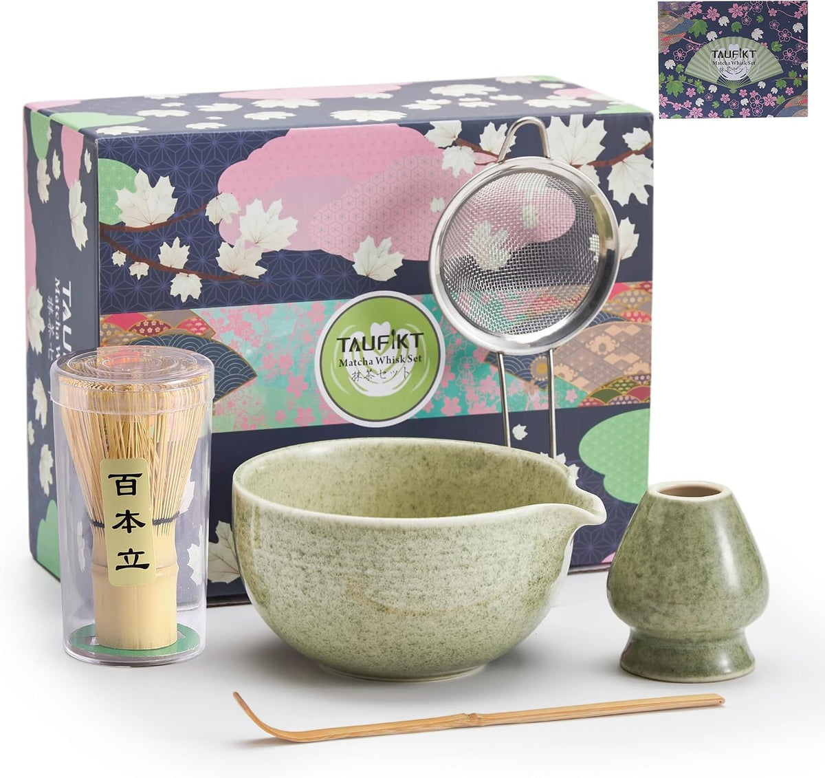 Matcha Whisk Set, Ceramic Matcha Set, Matcha Kit Set Includes Matcha Bowl, Matcha Whisk and Holder, Bamboo Scoop and Sifter, Matcha Tea Set, Ideal Gift for Family/Friend (Pink)