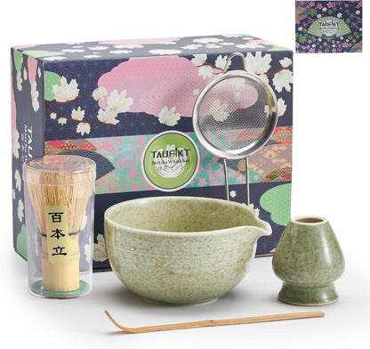 Matcha Whisk Set, Ceramic Matcha Set, Matcha Kit Set Includes Matcha Bowl, Matcha Whisk and Holder, Bamboo Scoop and Sifter, Matcha Tea Set, Ideal Gift for Family/Friend (Pink)