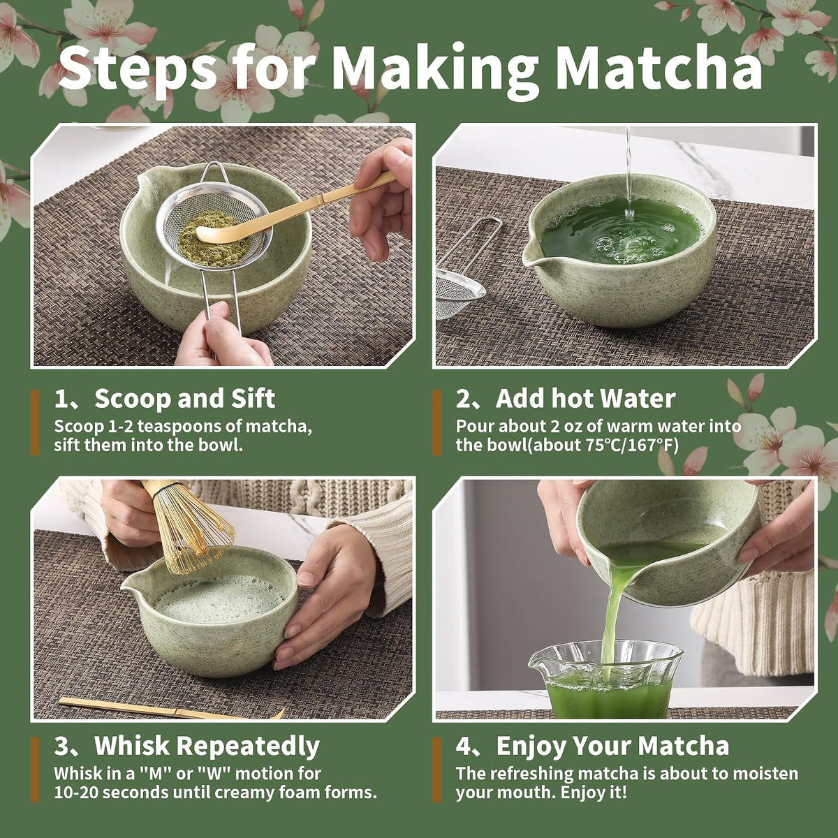 Matcha Whisk Set, Ceramic Matcha Set, Matcha Kit Set Includes Matcha Bowl, Matcha Whisk and Holder, Bamboo Scoop and Sifter, Matcha Tea Set, Ideal Gift for Family/Friend (Pink)