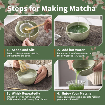 Matcha Whisk Set, Ceramic Matcha Set, Matcha Kit Set Includes Matcha Bowl, Matcha Whisk and Holder, Bamboo Scoop and Sifter, Matcha Tea Set, Ideal Gift for Family/Friend (Pink)