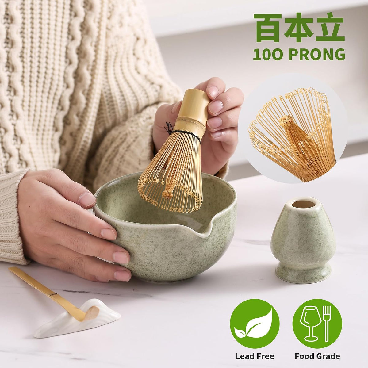 Matcha Whisk Set, Ceramic Matcha Set, Matcha Kit Set Includes Matcha Bowl, Matcha Whisk and Holder, Bamboo Scoop and Sifter, Matcha Tea Set, Ideal Gift for Family/Friend (Pink)
