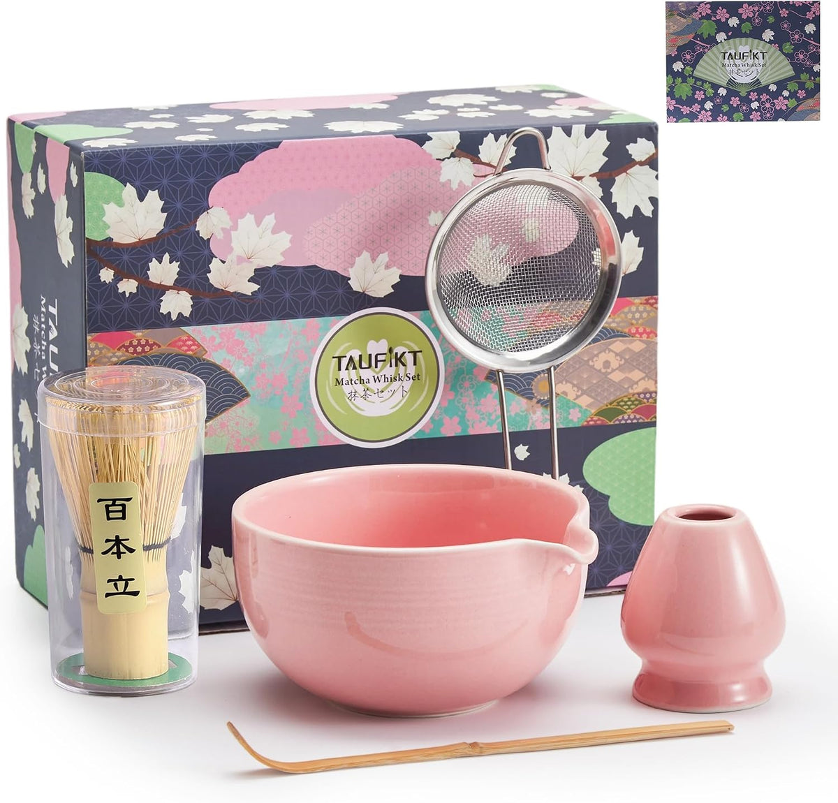 Matcha Whisk Set, Ceramic Matcha Set, Matcha Kit Set Includes Matcha Bowl, Matcha Whisk and Holder, Bamboo Scoop and Sifter, Matcha Tea Set, Ideal Gift for Family/Friend (Pink)