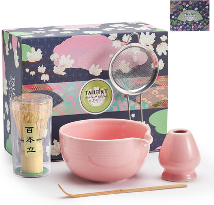 Matcha Whisk Set, Ceramic Matcha Set, Matcha Kit Set Includes Matcha Bowl, Matcha Whisk and Holder, Bamboo Scoop and Sifter, Matcha Tea Set, Ideal Gift for Family/Friend (Pink)