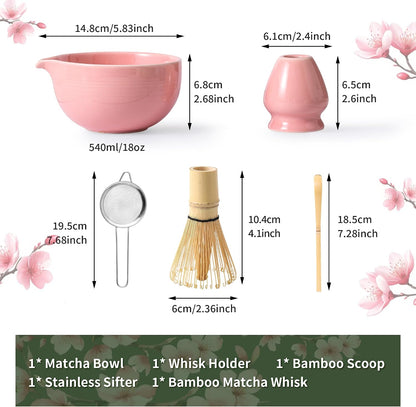 Matcha Whisk Set, Ceramic Matcha Set, Matcha Kit Set Includes Matcha Bowl, Matcha Whisk and Holder, Bamboo Scoop and Sifter, Matcha Tea Set, Ideal Gift for Family/Friend (Pink)