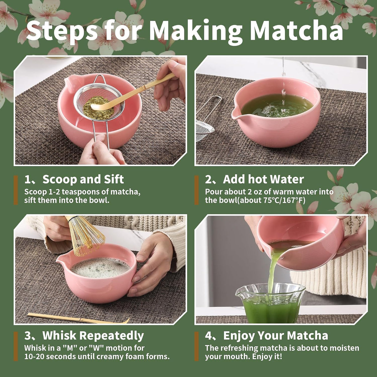 Matcha Whisk Set, Ceramic Matcha Set, Matcha Kit Set Includes Matcha Bowl, Matcha Whisk and Holder, Bamboo Scoop and Sifter, Matcha Tea Set, Ideal Gift for Family/Friend (Pink)