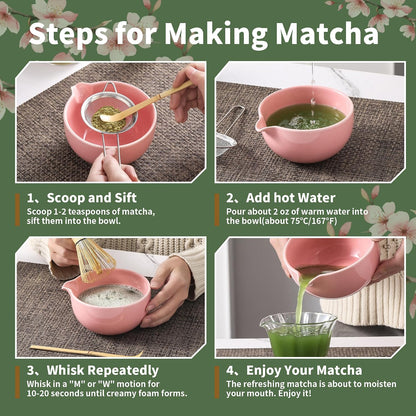 Matcha Whisk Set, Ceramic Matcha Set, Matcha Kit Set Includes Matcha Bowl, Matcha Whisk and Holder, Bamboo Scoop and Sifter, Matcha Tea Set, Ideal Gift for Family/Friend (Pink)