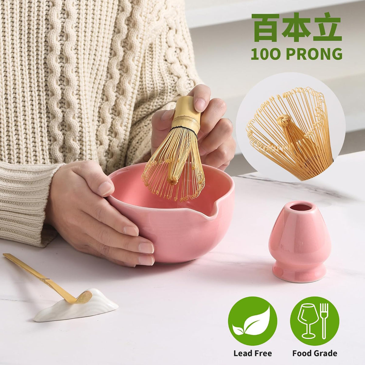 Matcha Whisk Set, Ceramic Matcha Set, Matcha Kit Set Includes Matcha Bowl, Matcha Whisk and Holder, Bamboo Scoop and Sifter, Matcha Tea Set, Ideal Gift for Family/Friend (Pink)