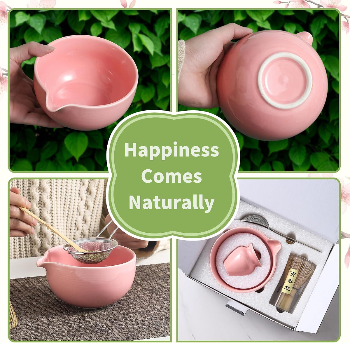 Matcha Whisk Set, Ceramic Matcha Set, Matcha Kit Set Includes Matcha Bowl, Matcha Whisk and Holder, Bamboo Scoop and Sifter, Matcha Tea Set, Ideal Gift for Family/Friend (Pink)