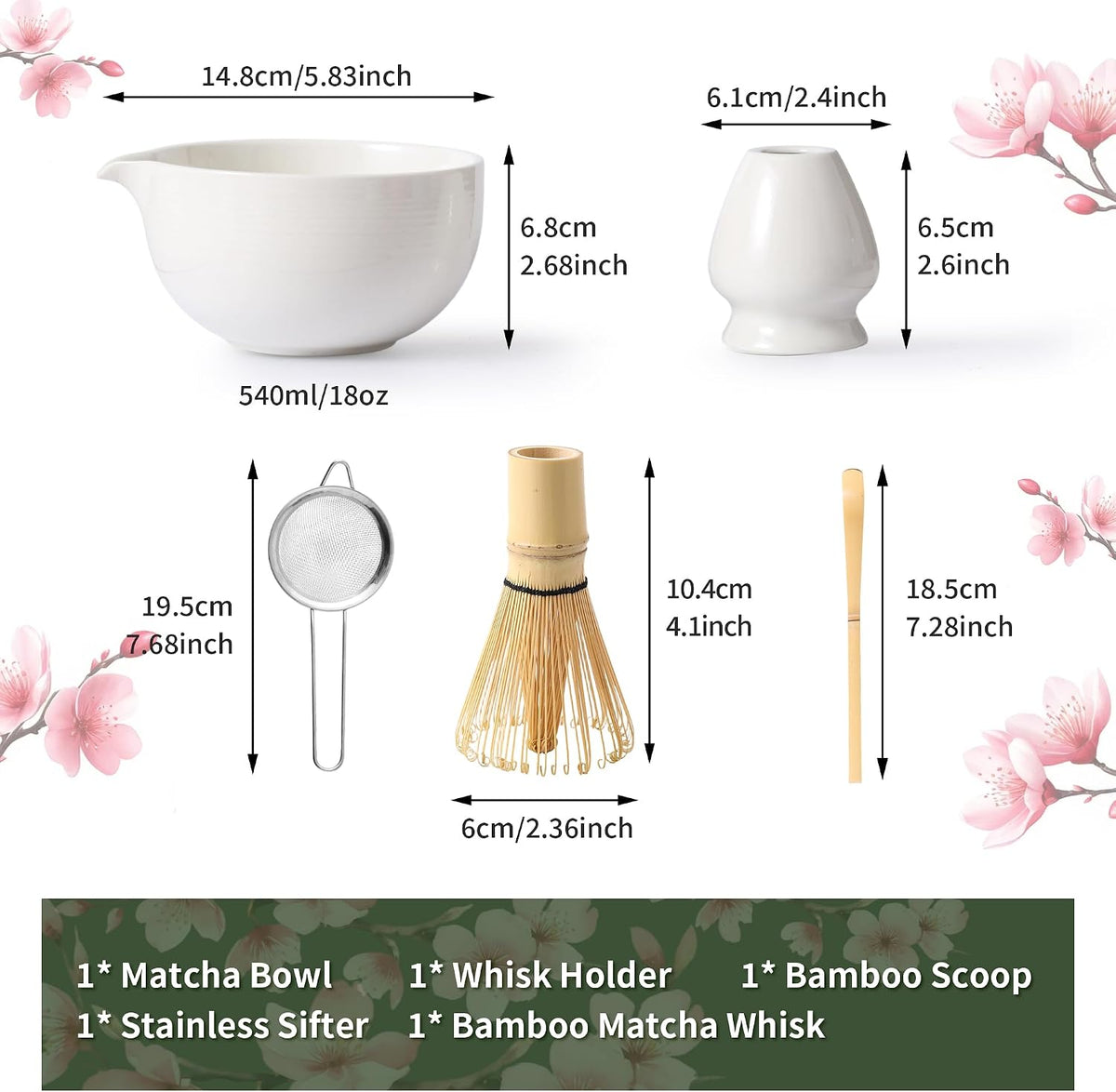 Matcha Whisk Set, Ceramic Matcha Set, Matcha Kit Set Includes Matcha Bowl, Matcha Whisk and Holder, Bamboo Scoop and Sifter, Matcha Tea Set, Ideal Gift for Family/Friend (Pink)
