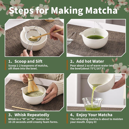 Matcha Whisk Set, Ceramic Matcha Set, Matcha Kit Set Includes Matcha Bowl, Matcha Whisk and Holder, Bamboo Scoop and Sifter, Matcha Tea Set, Ideal Gift for Family/Friend (Pink)