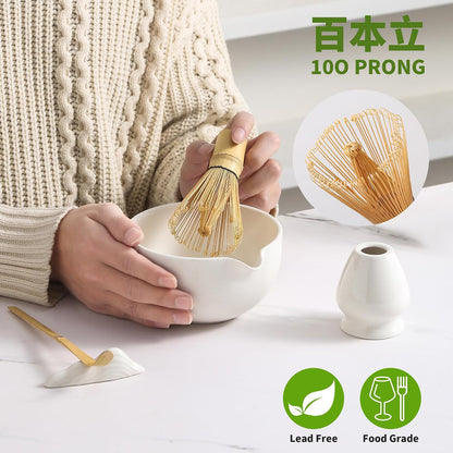 Matcha Whisk Set, Ceramic Matcha Set, Matcha Kit Set Includes Matcha Bowl, Matcha Whisk and Holder, Bamboo Scoop and Sifter, Matcha Tea Set, Ideal Gift for Family/Friend (Pink)