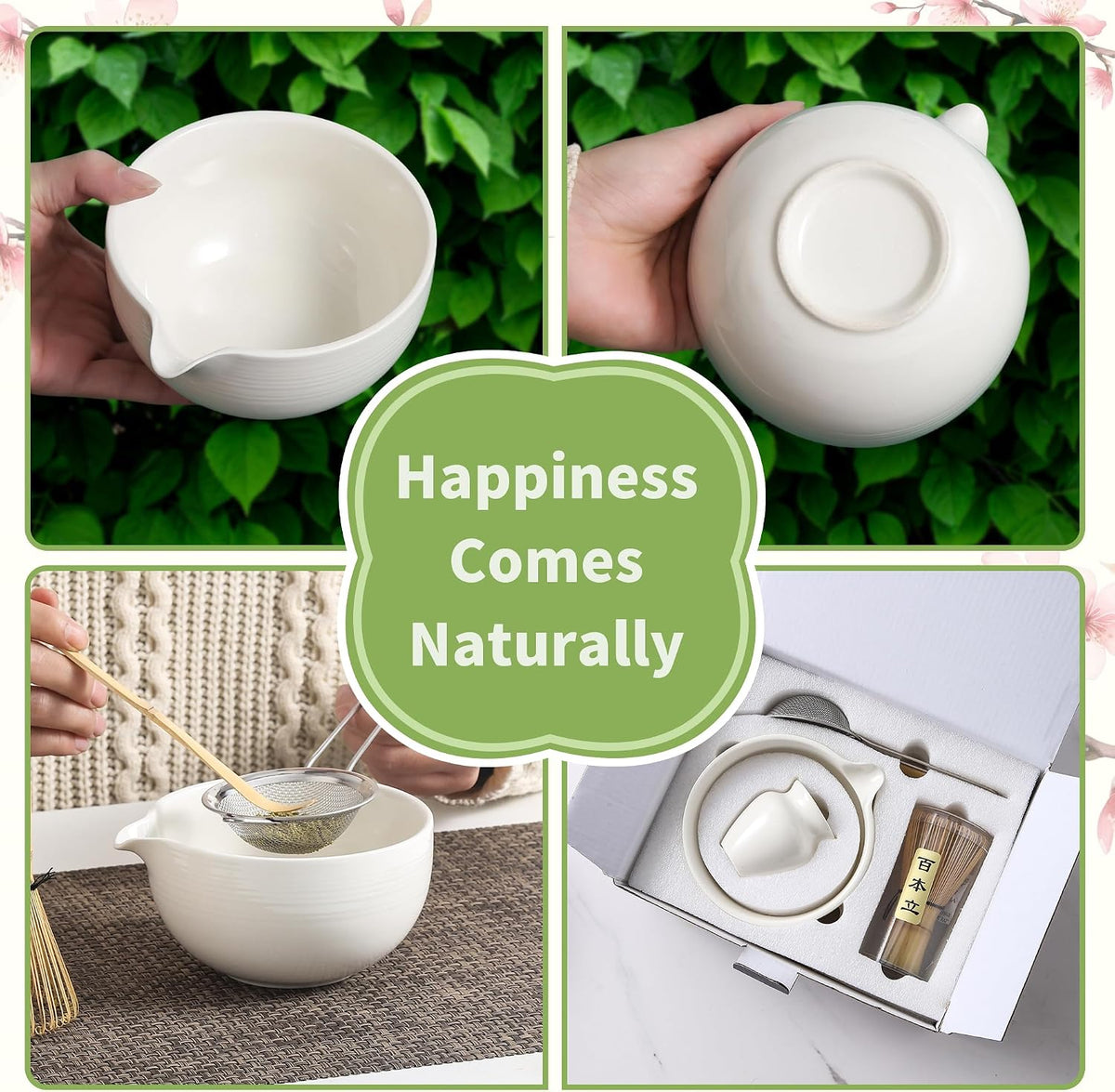 Matcha Whisk Set, Ceramic Matcha Set, Matcha Kit Set Includes Matcha Bowl, Matcha Whisk and Holder, Bamboo Scoop and Sifter, Matcha Tea Set, Ideal Gift for Family/Friend (Pink)