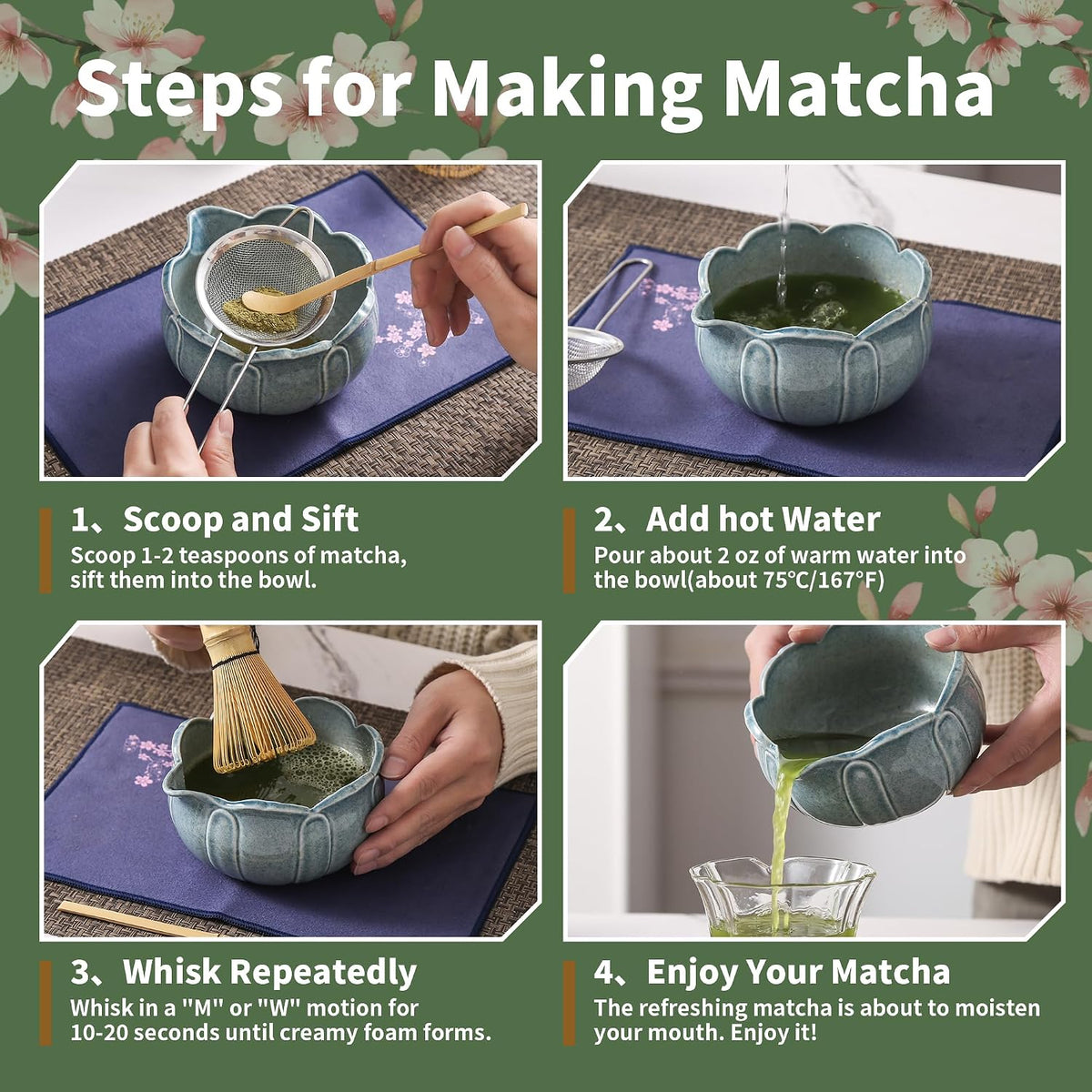 Matcha Whisk Set, Ceramic Matcha Set, Matcha Kit Set Includes Matcha Bowl, Matcha Whisk and Holder, Bamboo Scoop and Sifter, Matcha Tea Set, Ideal Gift for Family/Friend (Pink)